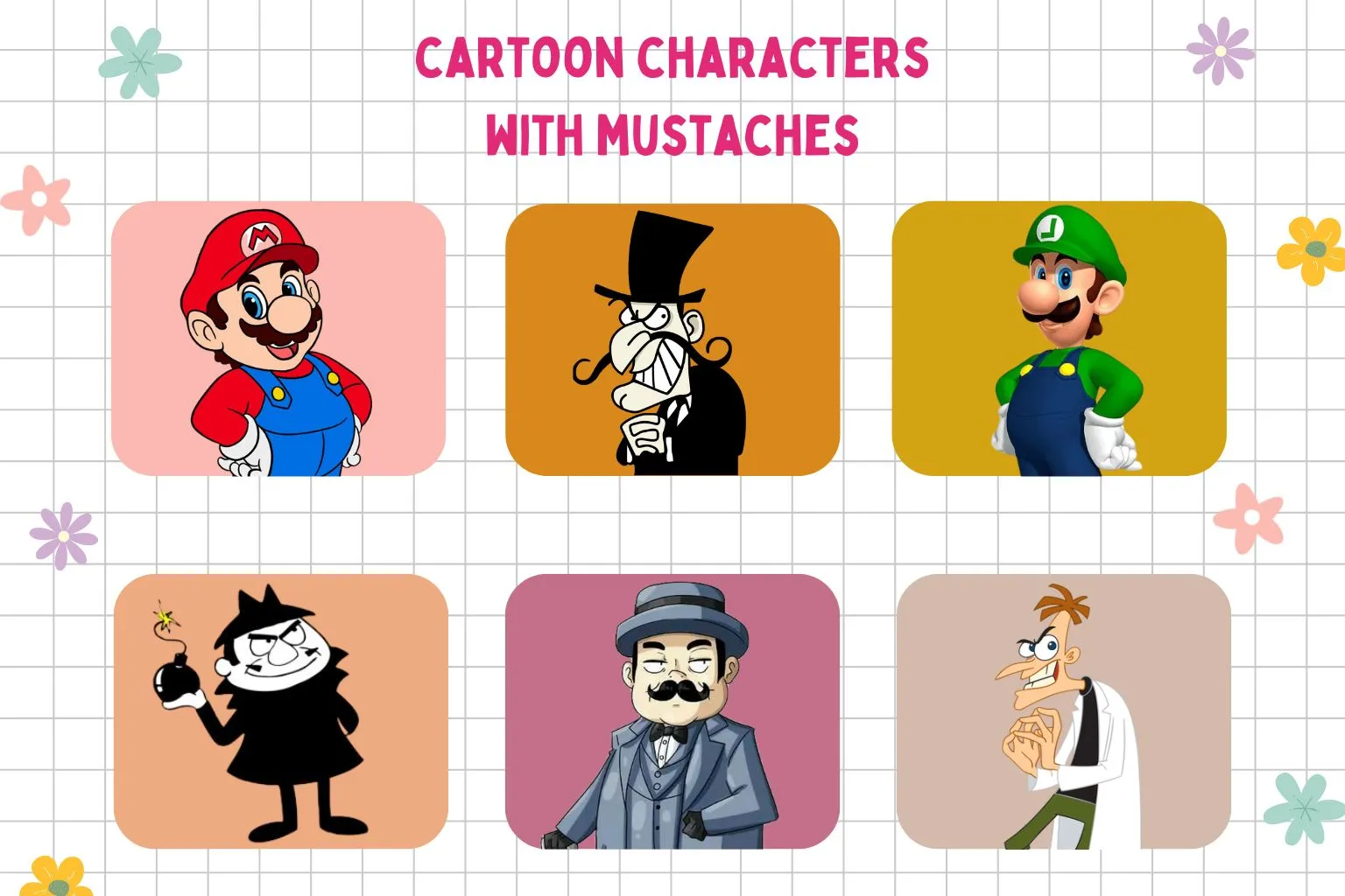 cartoon characters with mustaches