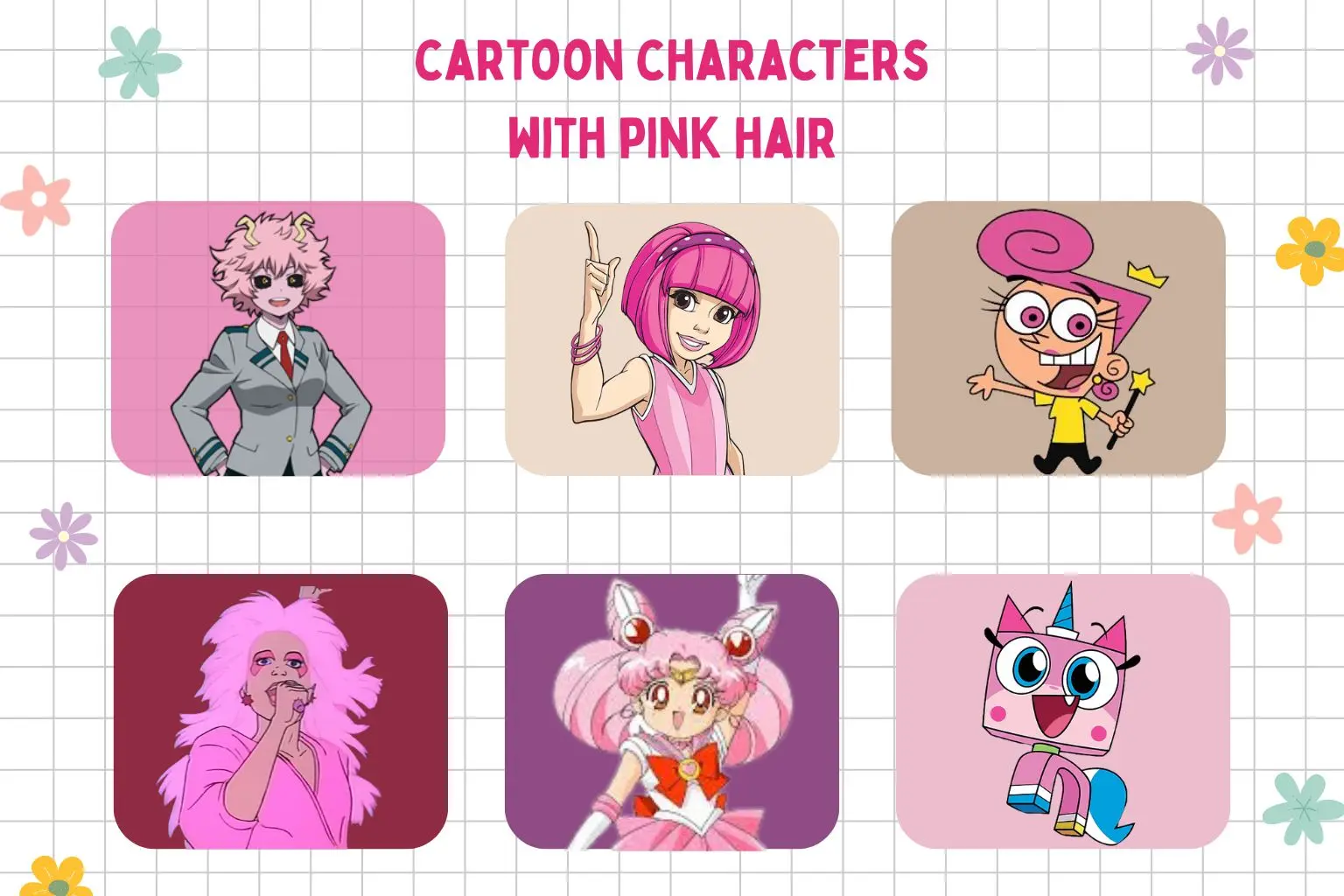 cartoon characters with pink hair